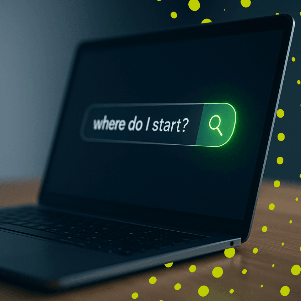 A laptop with a large search bar in the middle that reads 'where do I start'